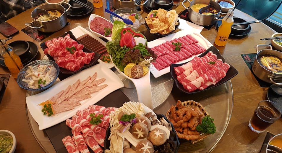 Spread of hotpot ingredients at Dainty Sichuan Hotpot, Melbourne CBD